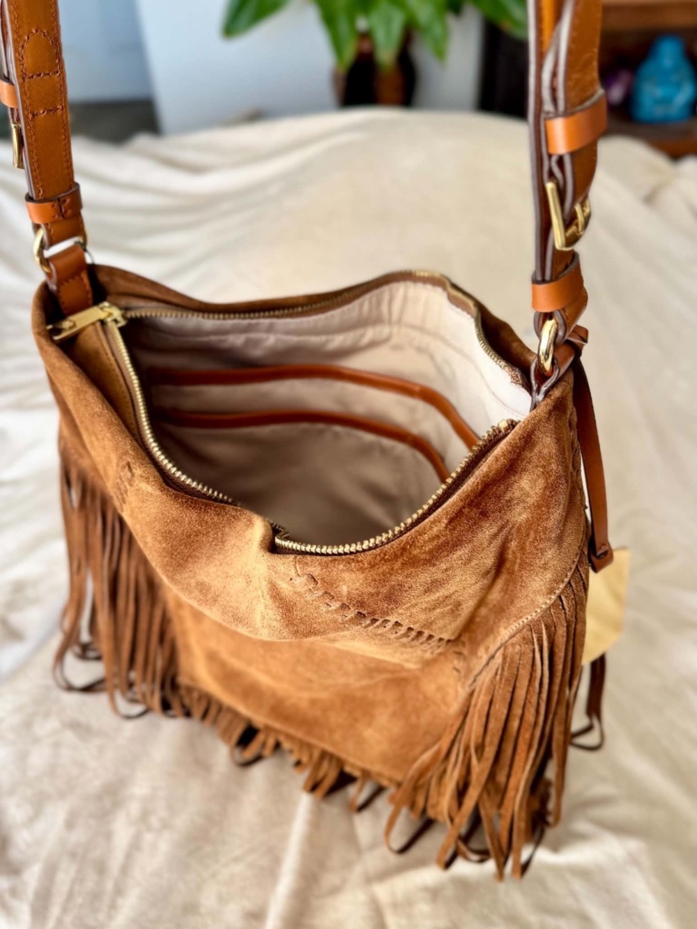 NWT Ralph Lauren Faulk Large Nutmeg Suede Fringe Messenger Bag - Picture 7 of 9